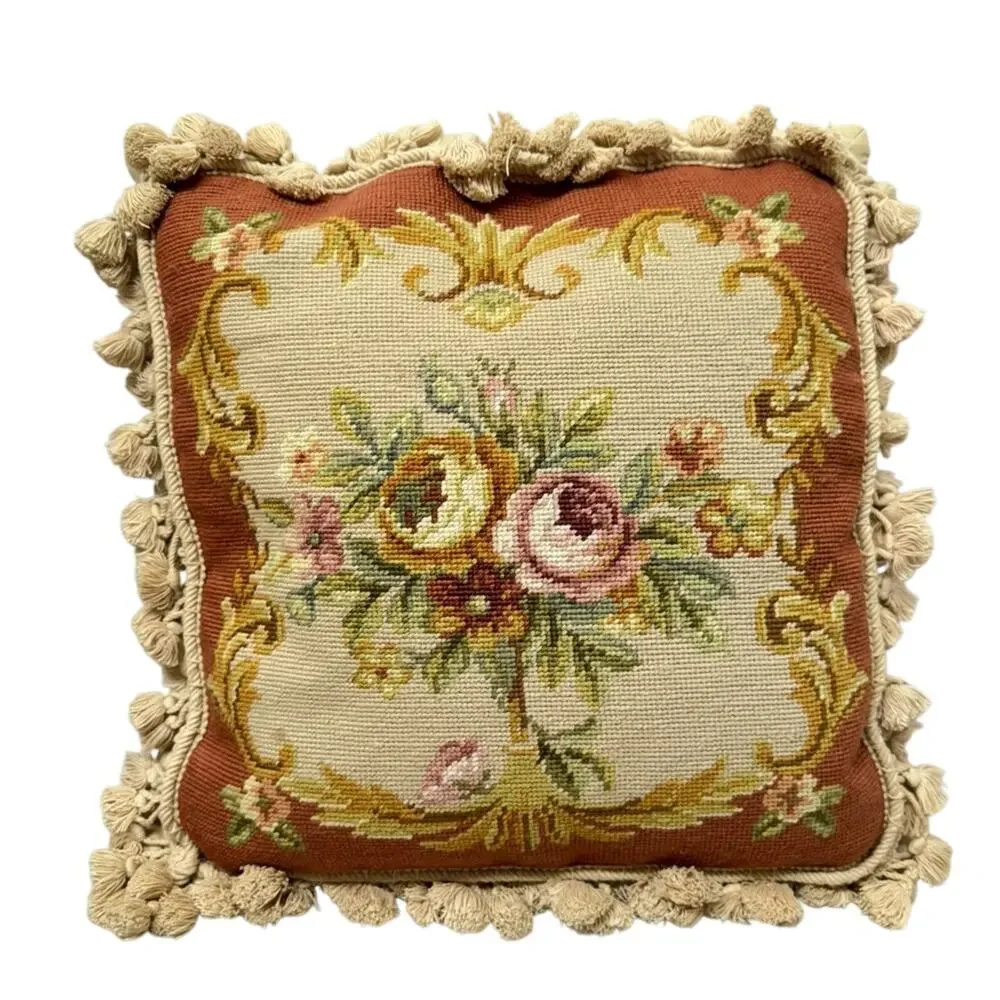Large Rose Embroidered Tapestry Accent Pillow Tan Pink Tassels Boho Grandma Core